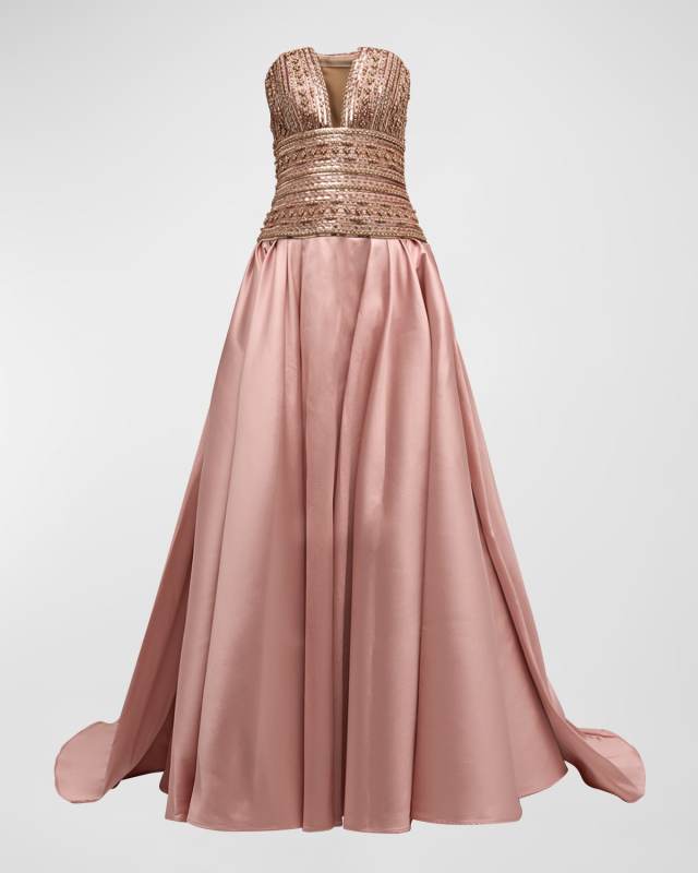 Strapless Beaded Drop-Waist Mikado Gown